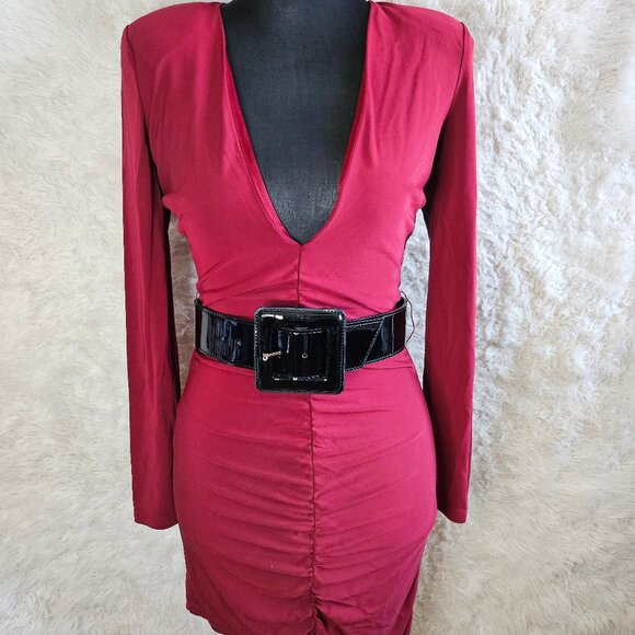 Bebe Women's Burgundy Bodycon Rachel Deep Leather Belted Dress XS - Picture 1 of 12